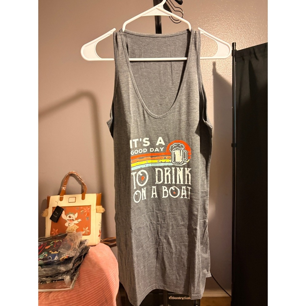 Chaolilai Beachy "Good day to drink on the beach" Tank Top, Grey, Sz S